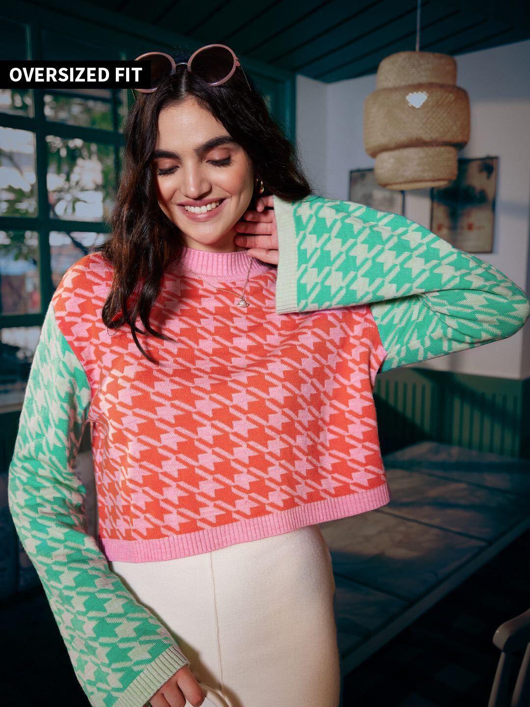 the-souled-store-orange-geometric-printed-high-neck-acrylic-crop-pullover-sweater