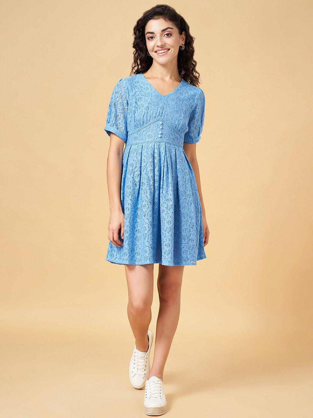 yu-by-pantaloons-self-design-v-neck-puff-sleeve-lace-up-pure-cotton-fit-&-flare-dress