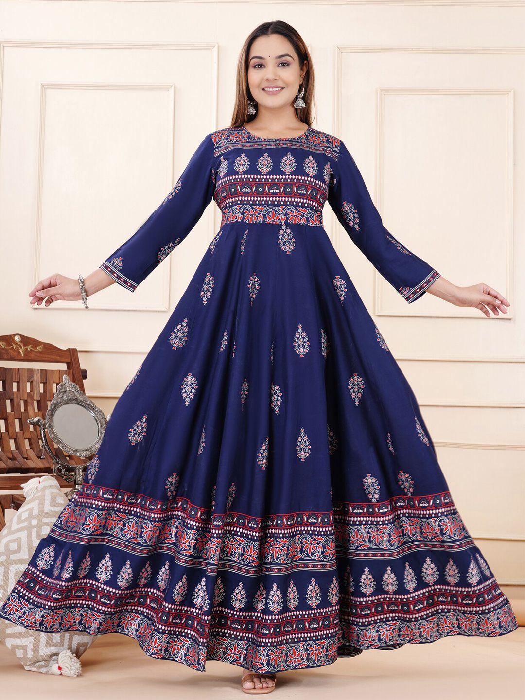 purshottam-wala-ethnic-motifs-printed-round-neck-fit-&-flare-maxi-ethnic-dress
