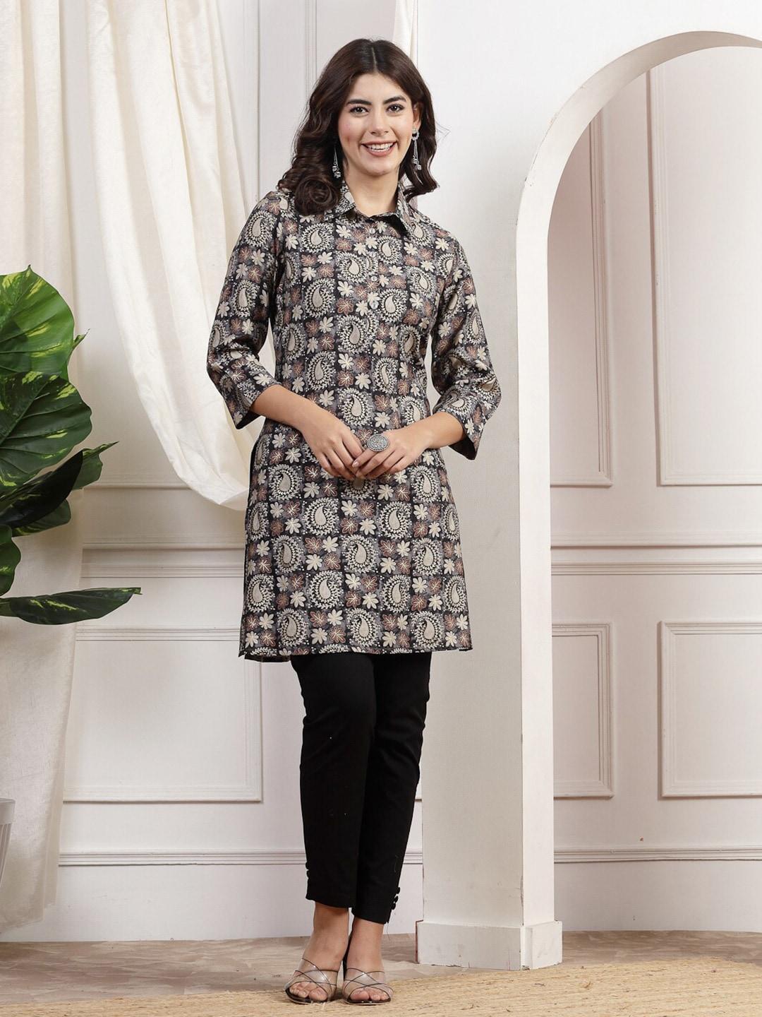 Nayam By Lakshita Paisley Printed Shirt Collar Chanderi Cotton Straight Kurti