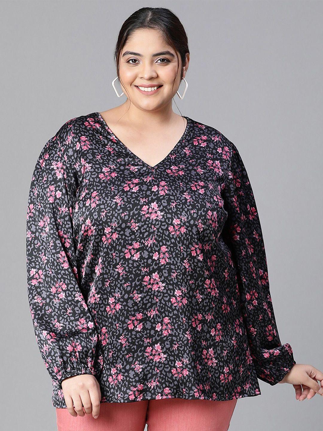 oxolloxo-plus-size-floral-printed-v-neck-puff-sleeve-top