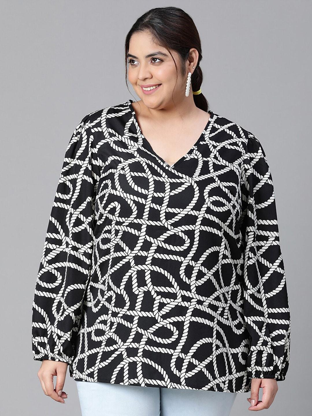 oxolloxo-plus-size-abstract-printed-v-neck-puff-sleeve-monochrome-top