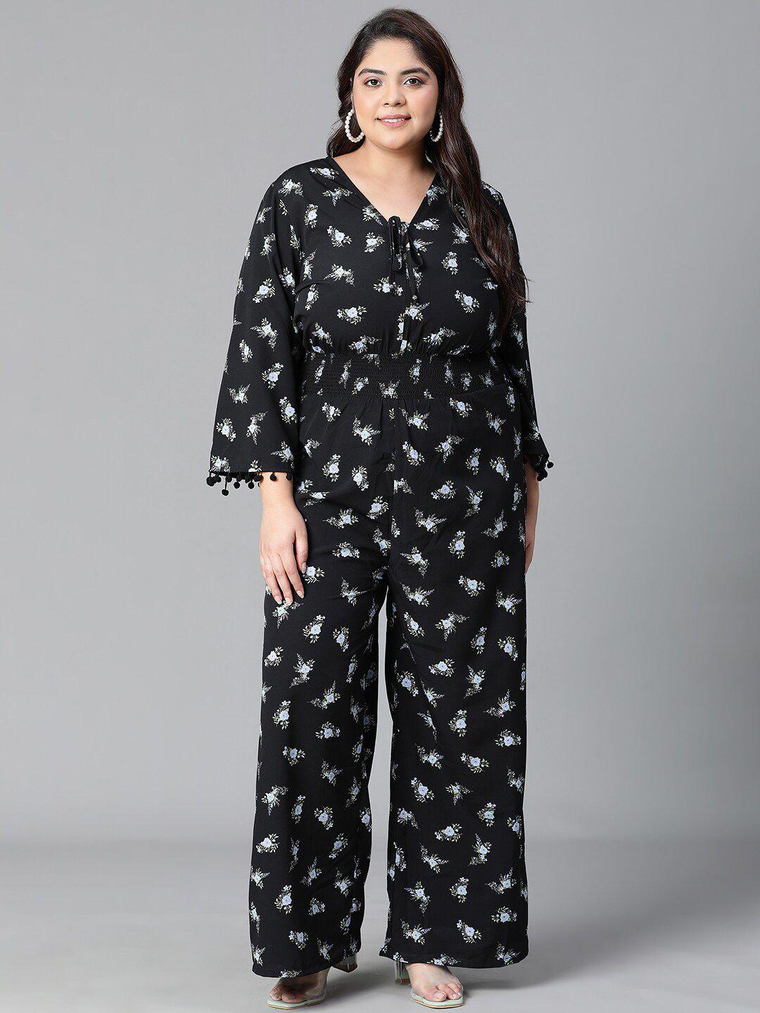 oxolloxo-plus-size-printed-tie-knot-smocked-basic-jumpsuit