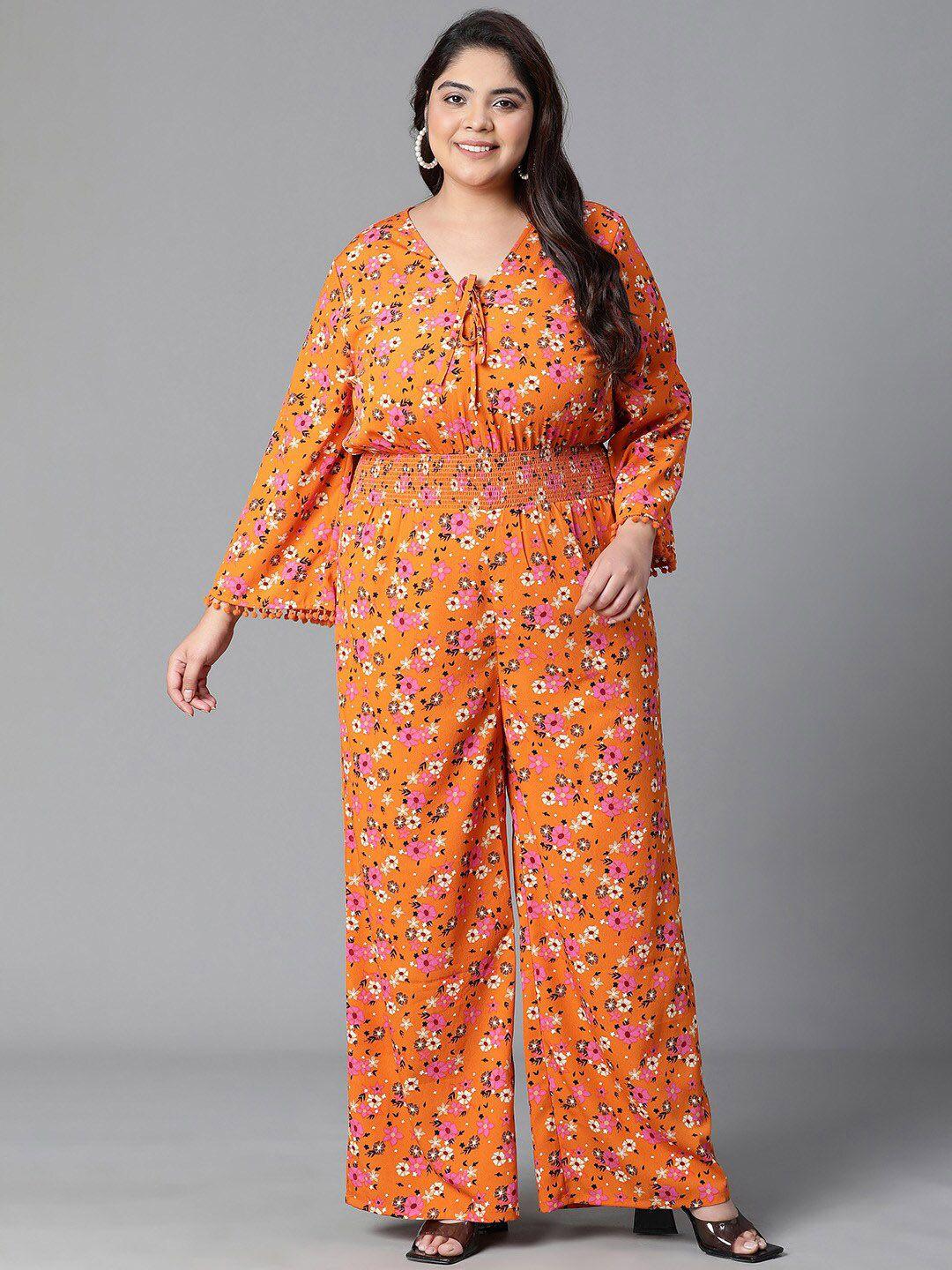oxolloxo-plus-size-printed-tie-knot-smocked-basic-jumpsuit