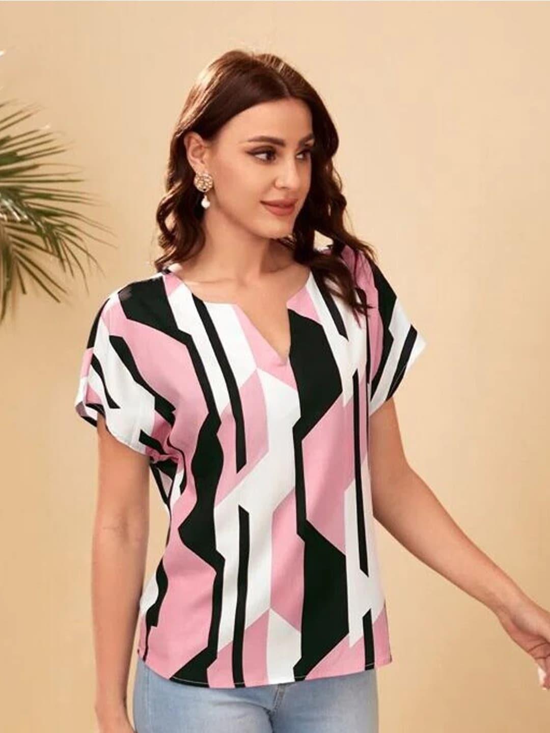 slyck-pink-geometric-printed-round-neck-extended-sleeves-regular-top