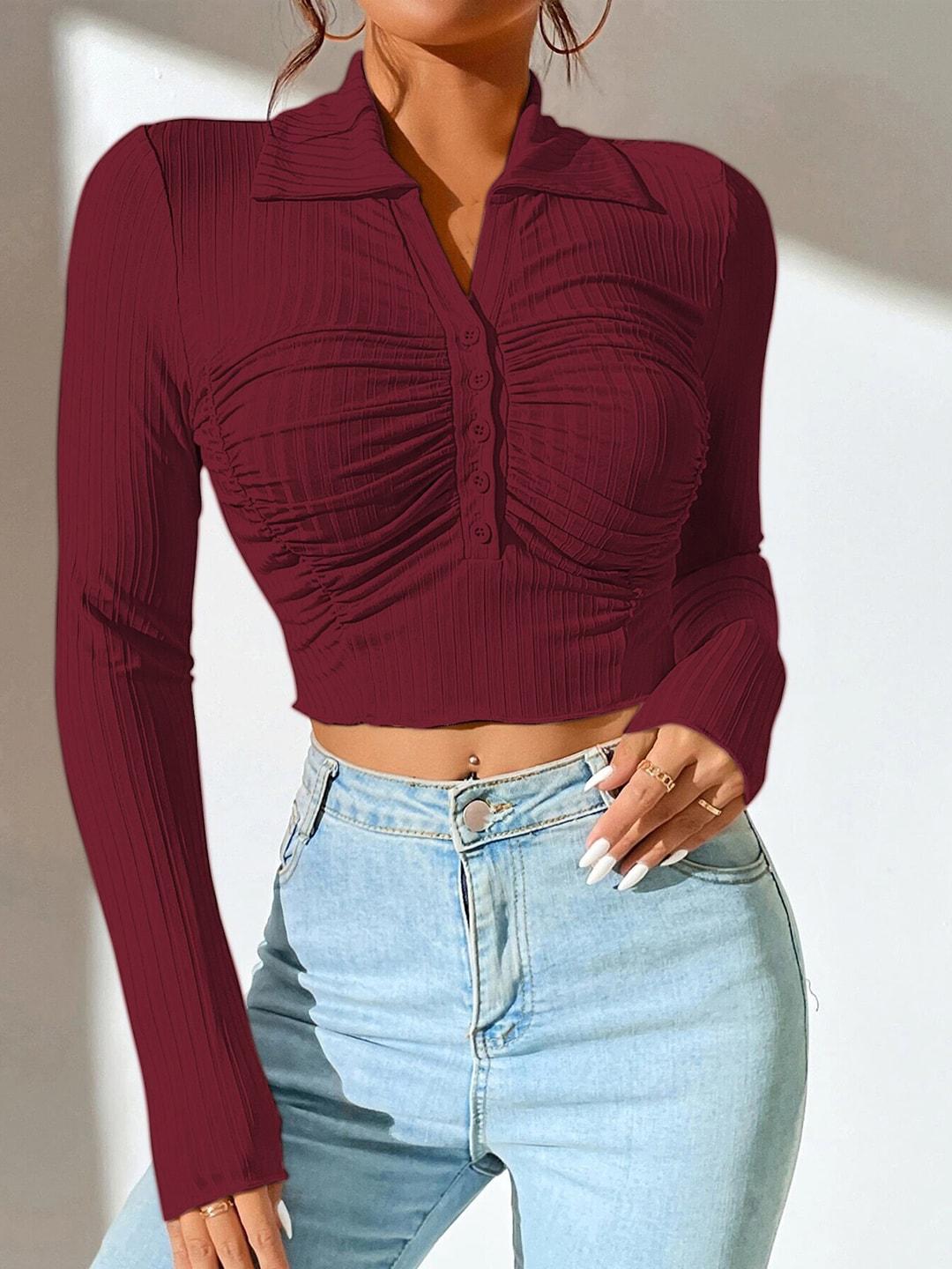 Slyck Maroon Striped Shirt Style Crop Top
