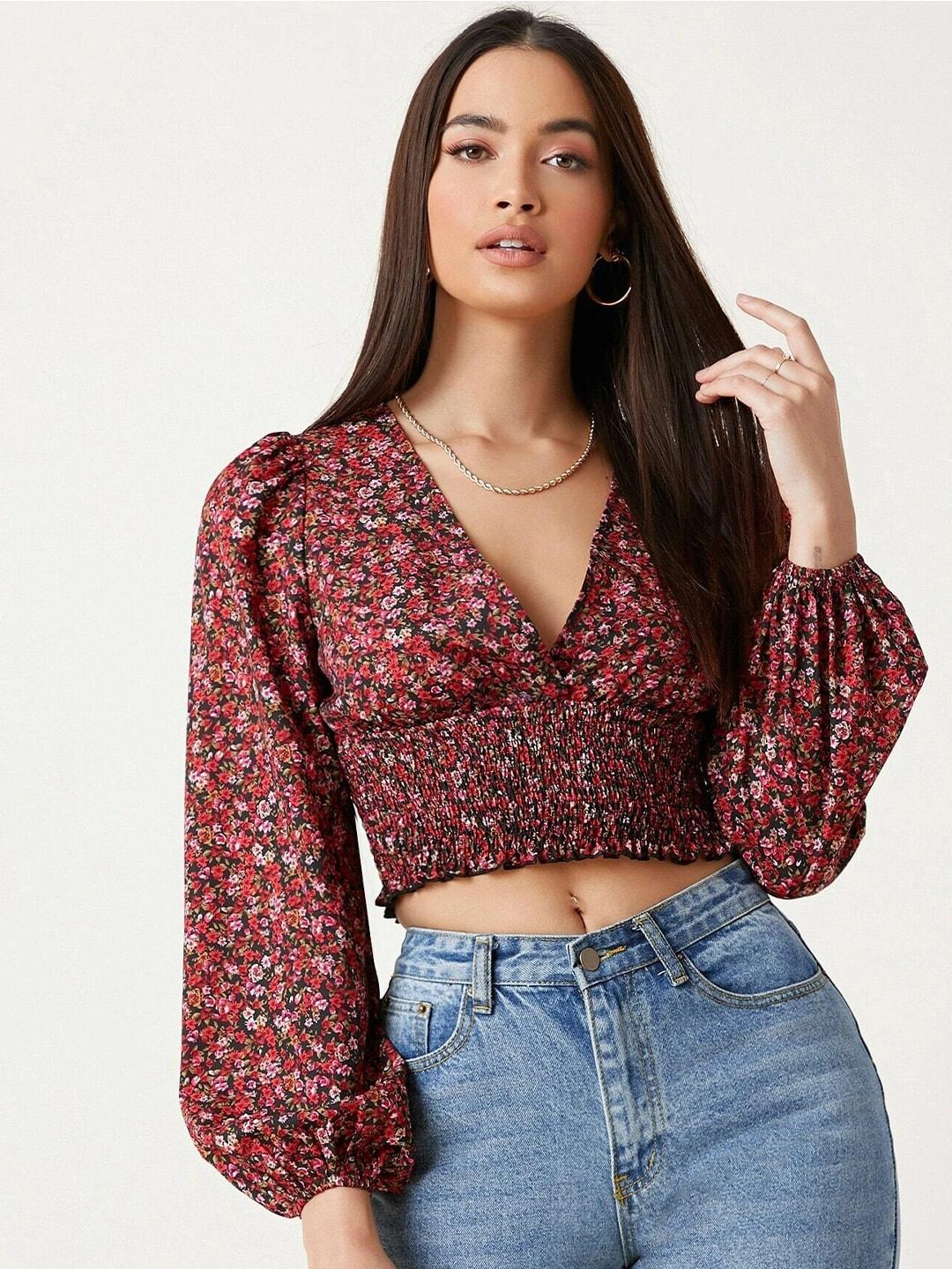 slyck-floral-printed-v-neck-puff-sleeves-smocked-fitted-crop-top