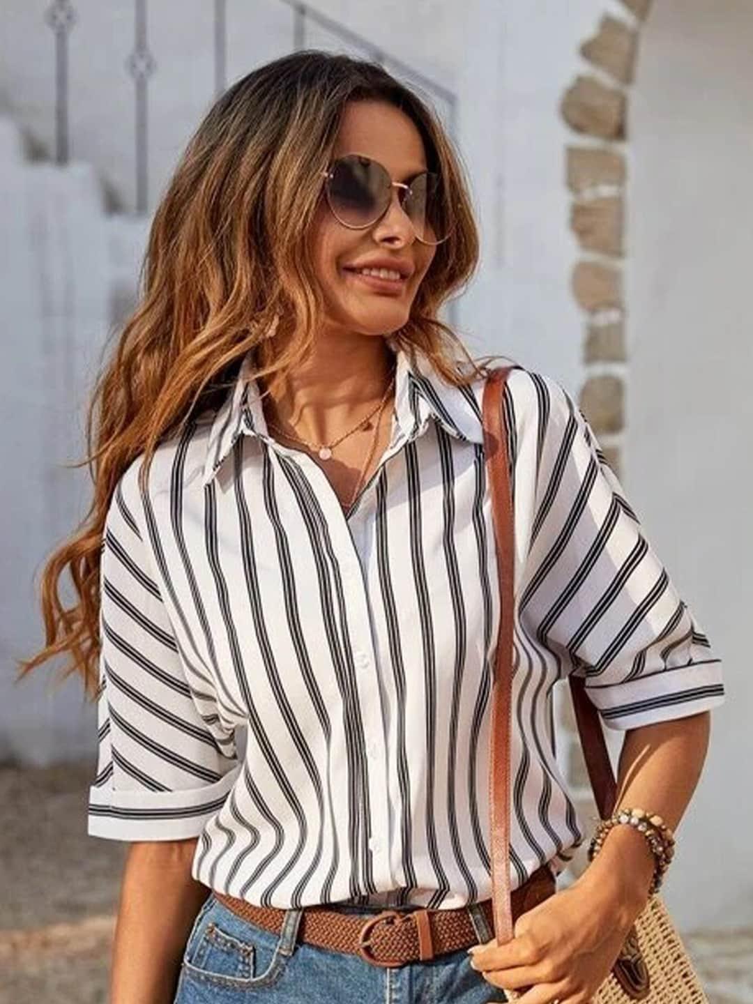 Slyck Women White Comfort Opaque Striped Casual Shirt