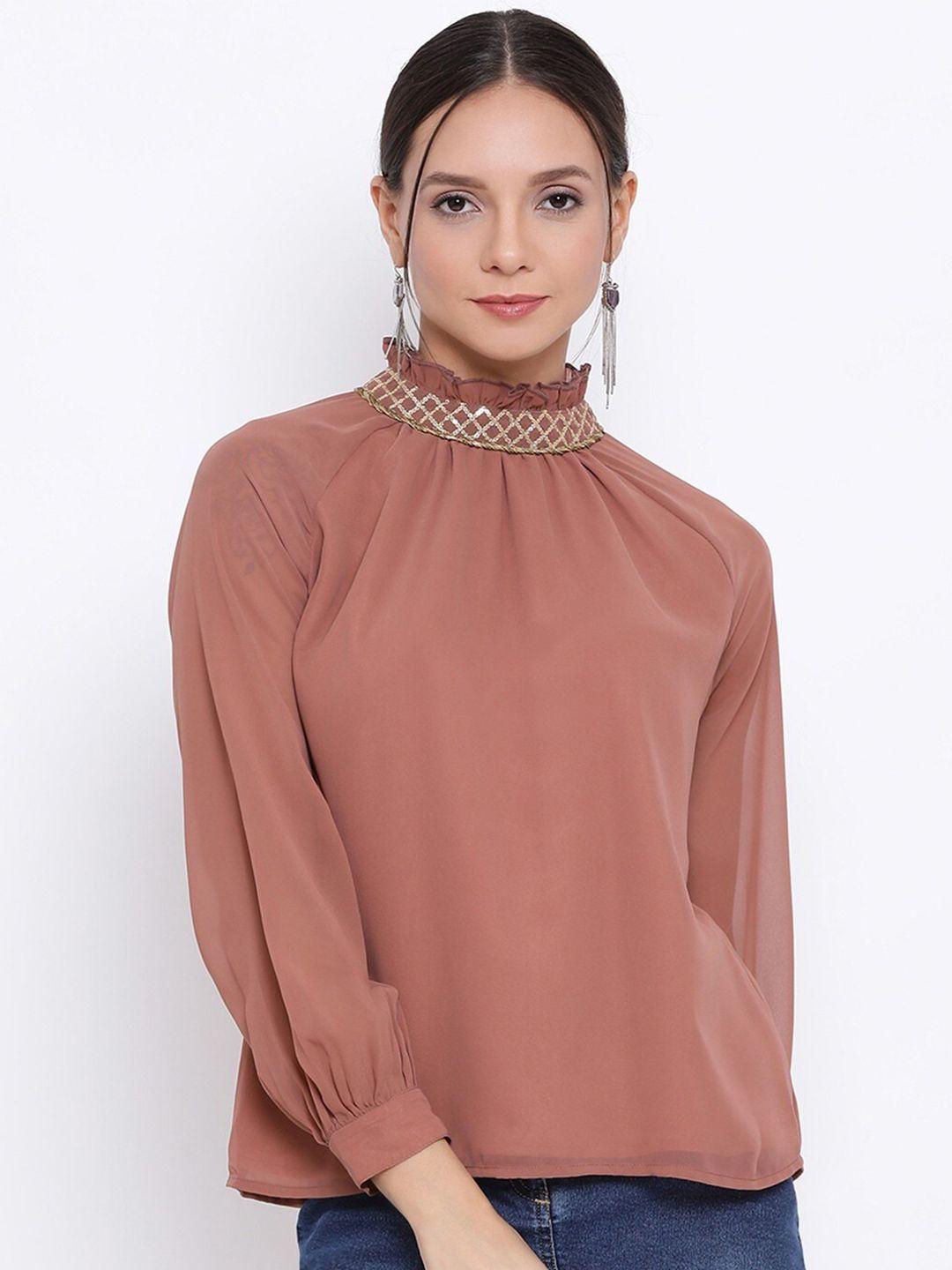BAESD Sequinned Embellished High Neck Cuffed Sleeves Top