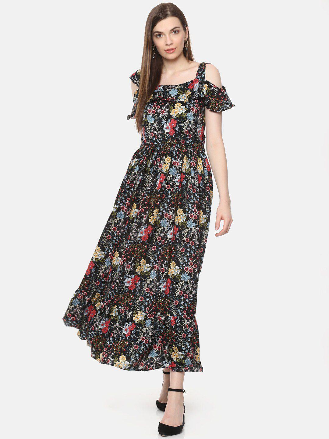 BAESD Floral Printed Square Neck Ruffles Detailed Fit & Flare Midi Dress