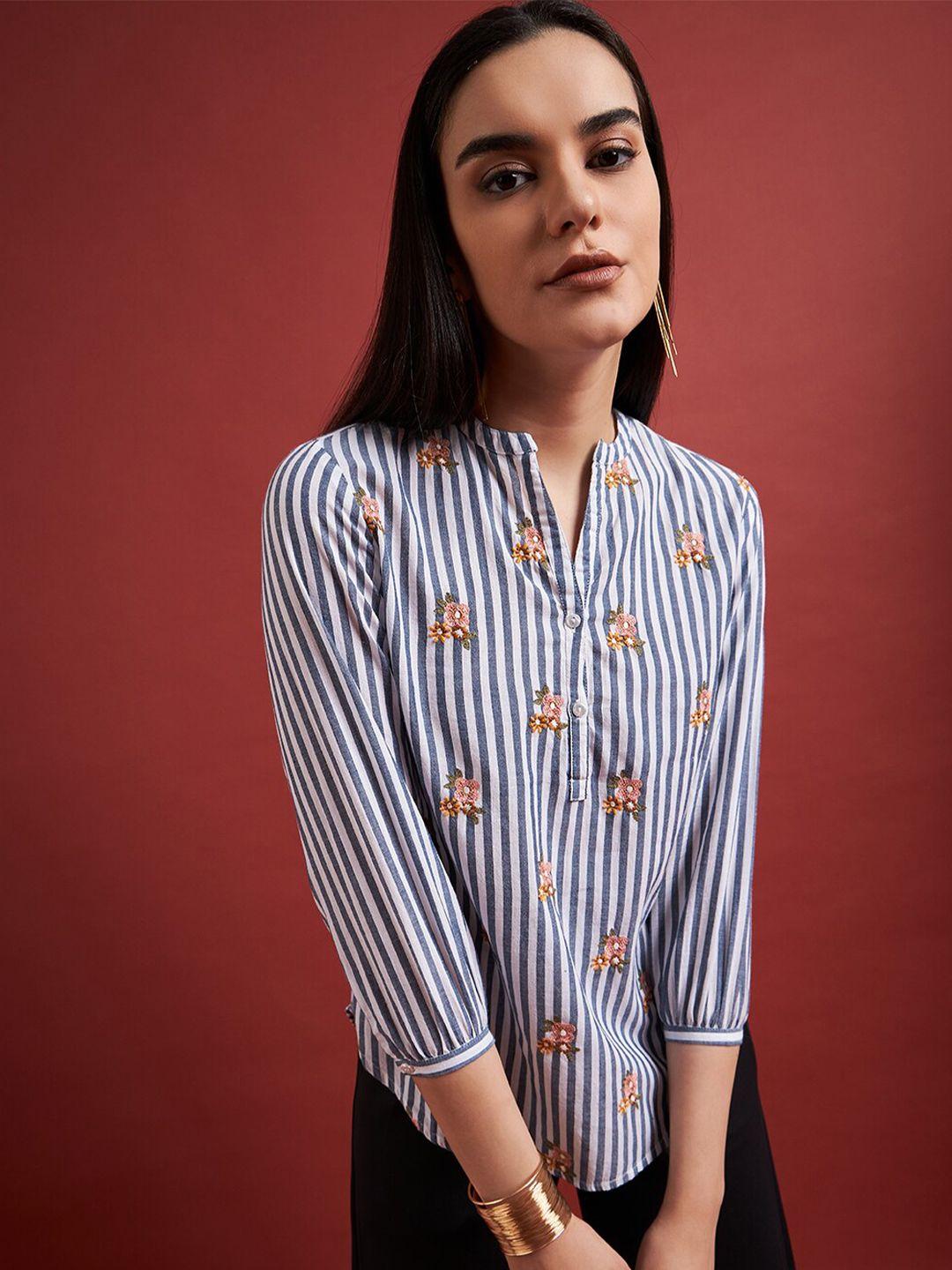 all-about-you-striped-pure-cotton-mandarin-collar-shirt-style-top-with-embroidered-detail