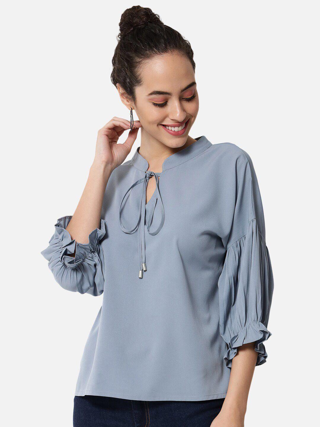 baesd-blue-tie-up-neck-accordion-pleated-sleeves-crepe-top
