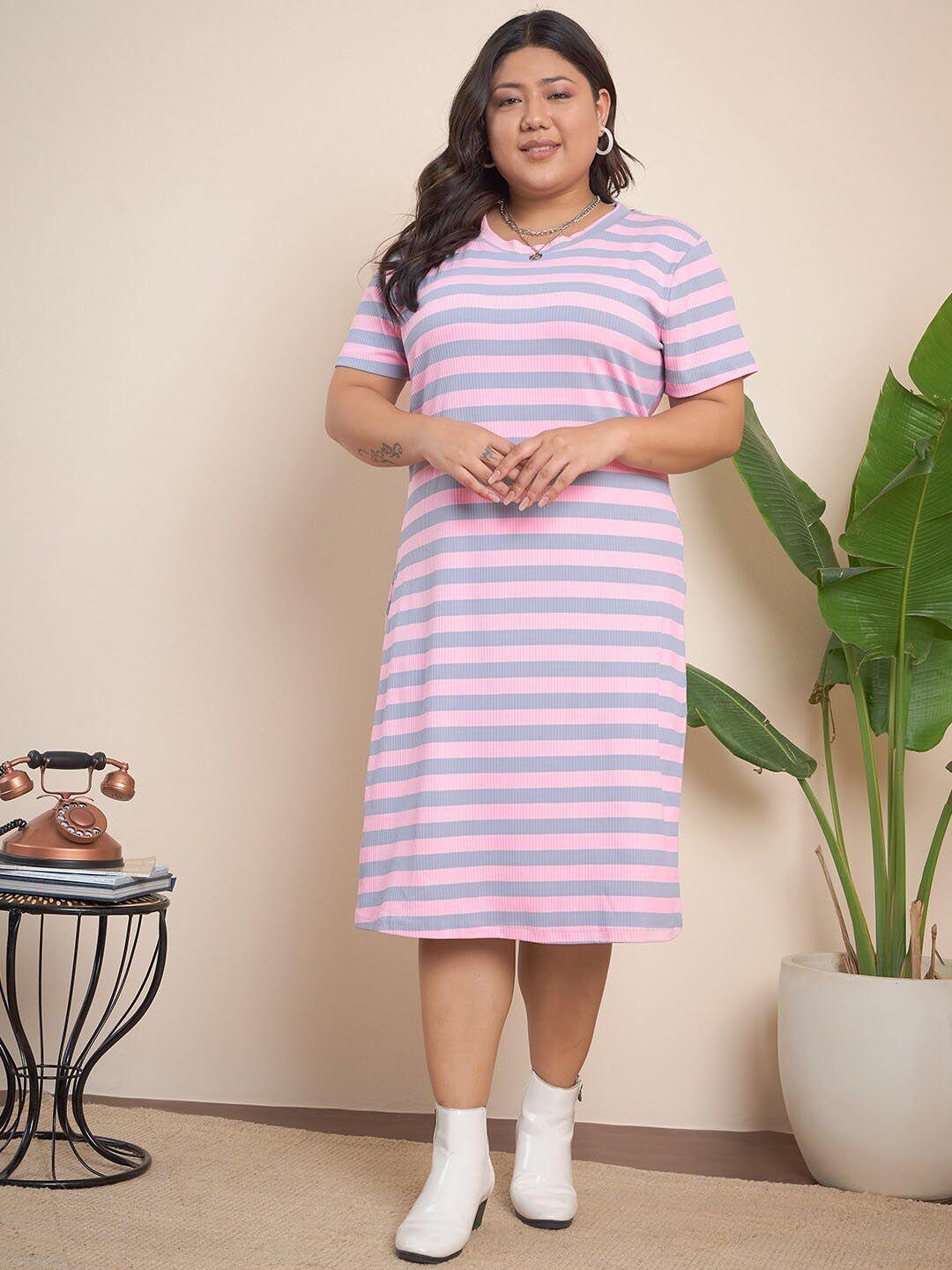 CURVY STREET Plus Size Striped Round Neck Short Sleeves T-shirt Dress