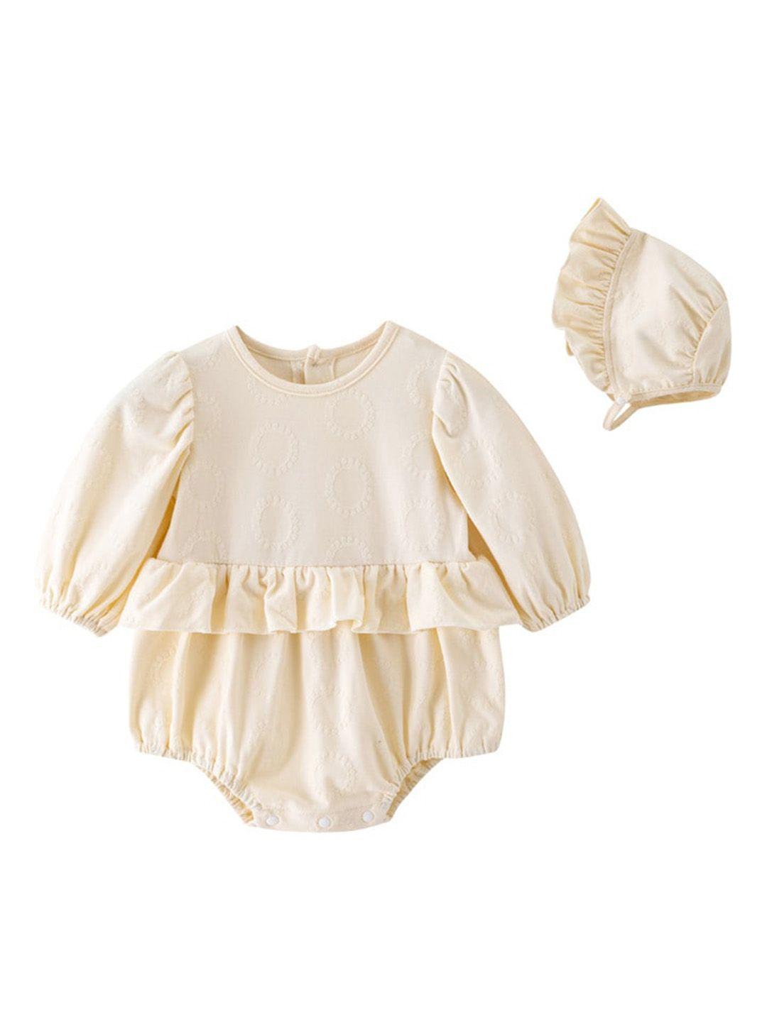 stylecast-infant-girls-beige-self-design-cotton-rompers-with-cap