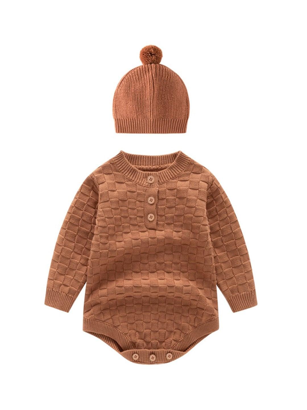 stylecast-brown-infant-kids-knitted-cotton-romper-with-beanie