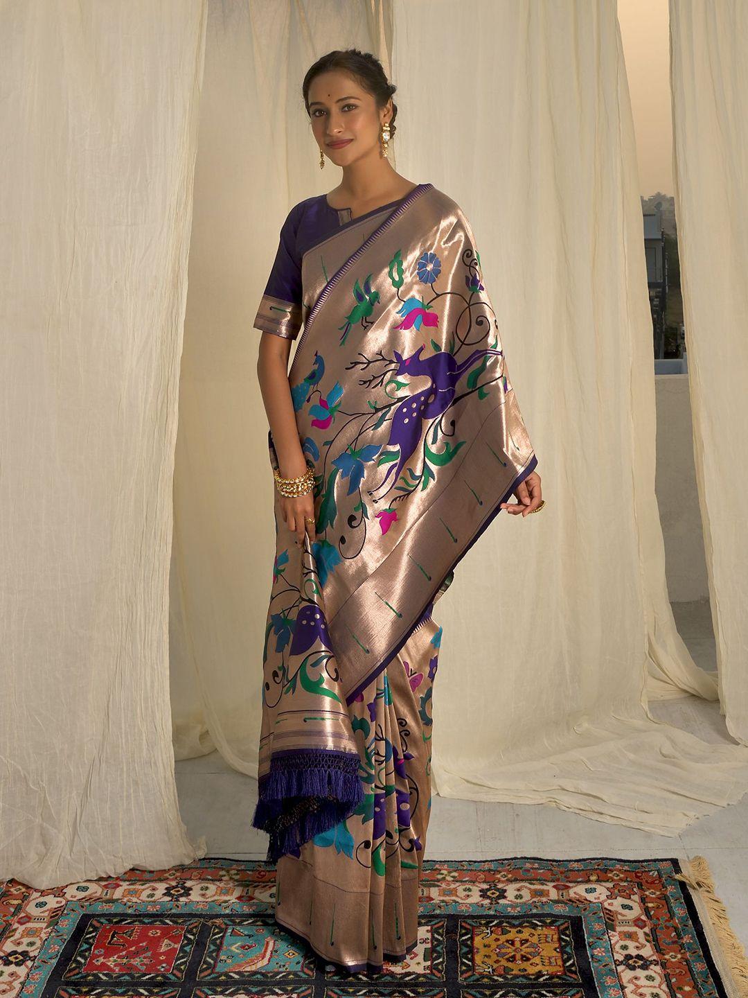 VISHNU WEAVES Kalamkari Woven Design Zari Pure Silk Paithani Saree