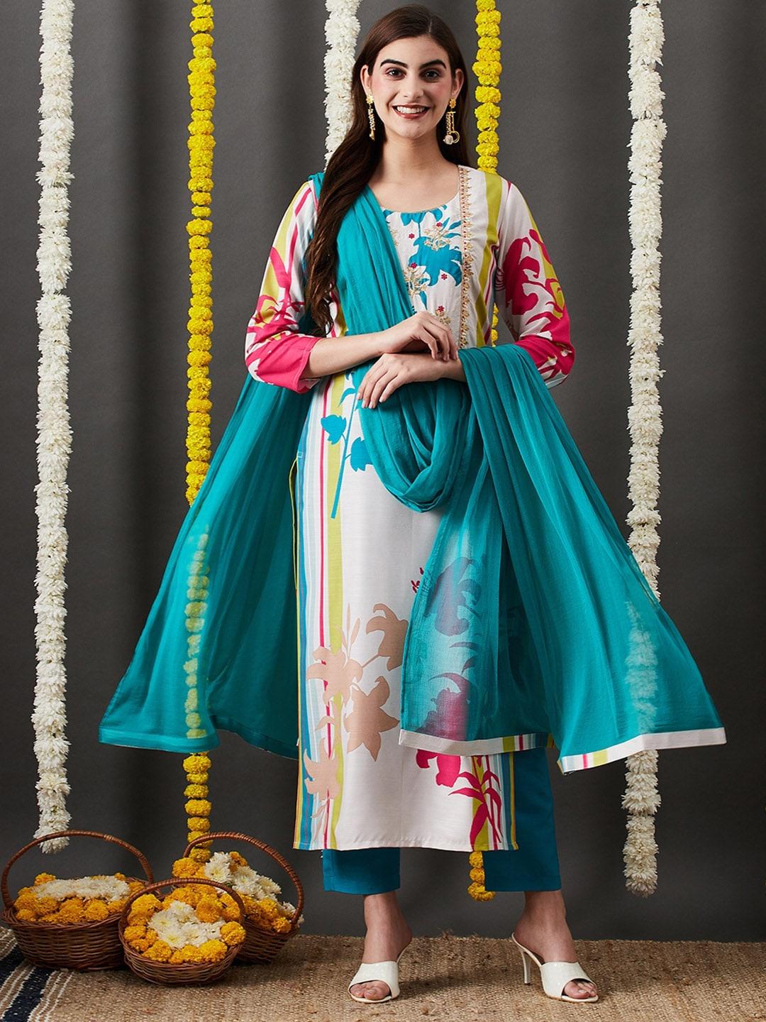 KALINI Floral Printed Thread Work Detailed Straight Kurta & Trouser With Dupatta