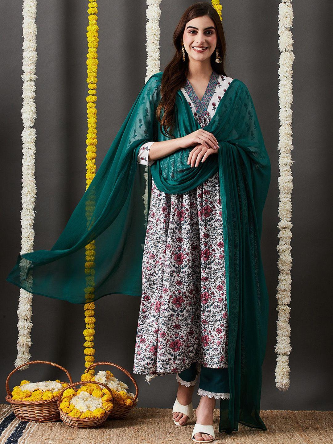 KALINI Floral Printed V-Neck Empire Anarkali Kurta & Trouser With Dupatta