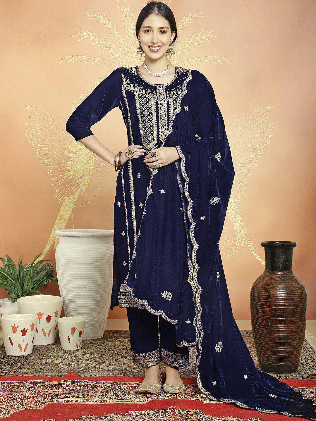 Stylee LIFESTYLE Ethnic Motifs Embroidered Sequinned Velvet Unstitched Dress Material