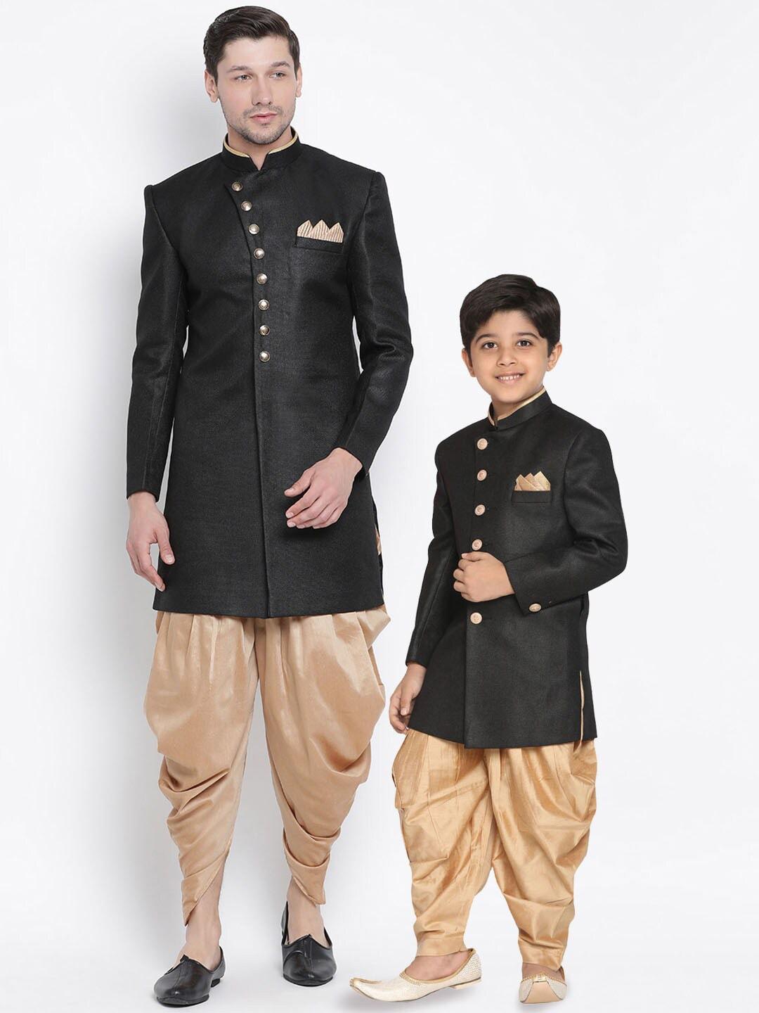 VASTRAMAY Self Design Mandarin Collar Long Sleeve Jute Cotton Kurta With Dhoti Pants