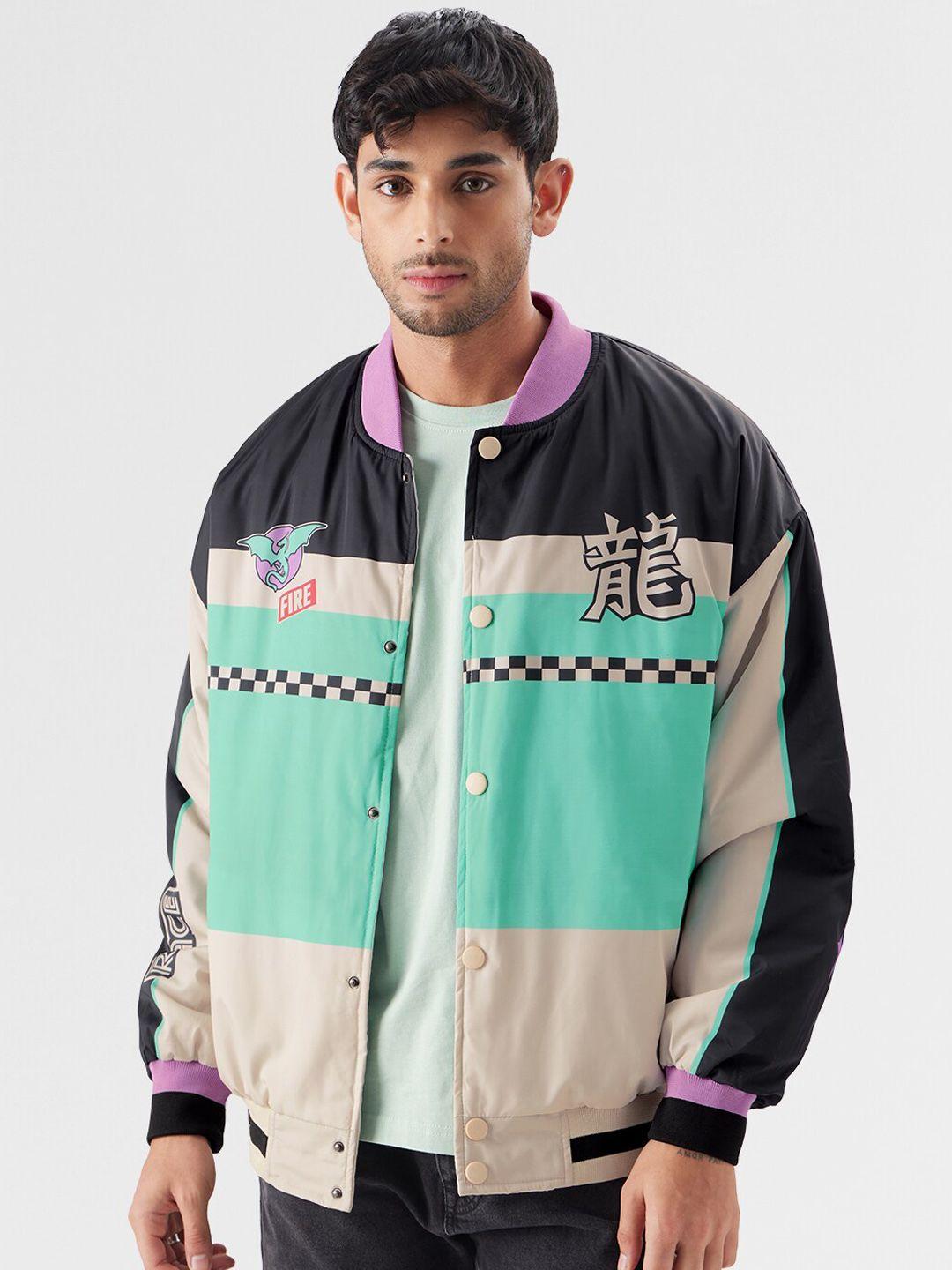 the-souled-store-off-white-colourblocked-mock-collar-lightweight-bomber-jacket