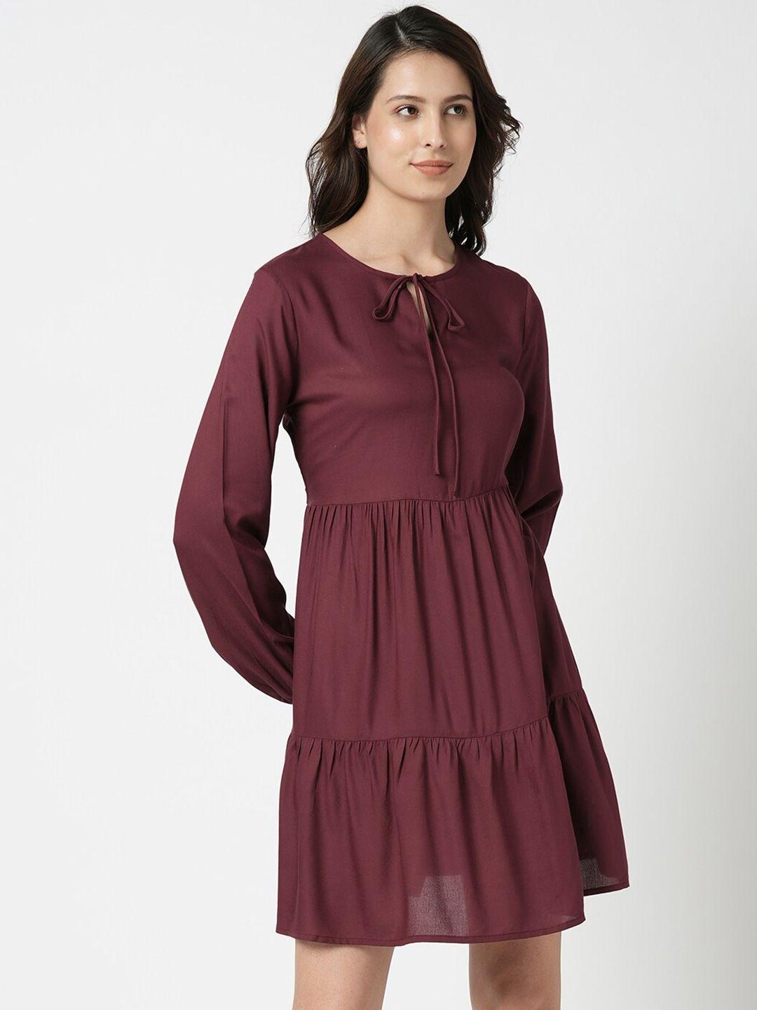 vero-moda-maroon-bishop-sleeve-ruffled-fit-&-flare-dress