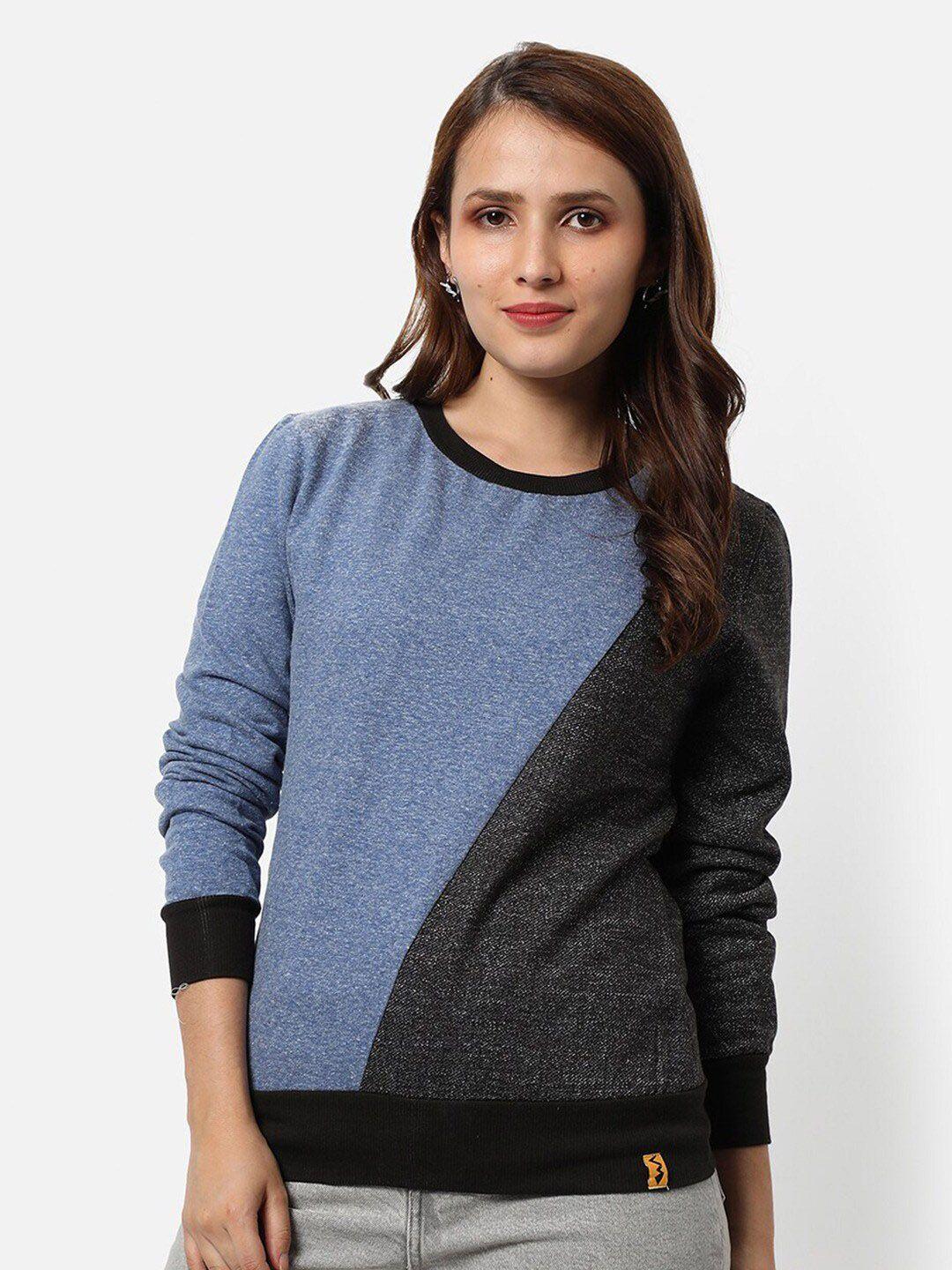 campus-sutra-blue-&-black-colourblocked-cotton-pullover-sweatshirt