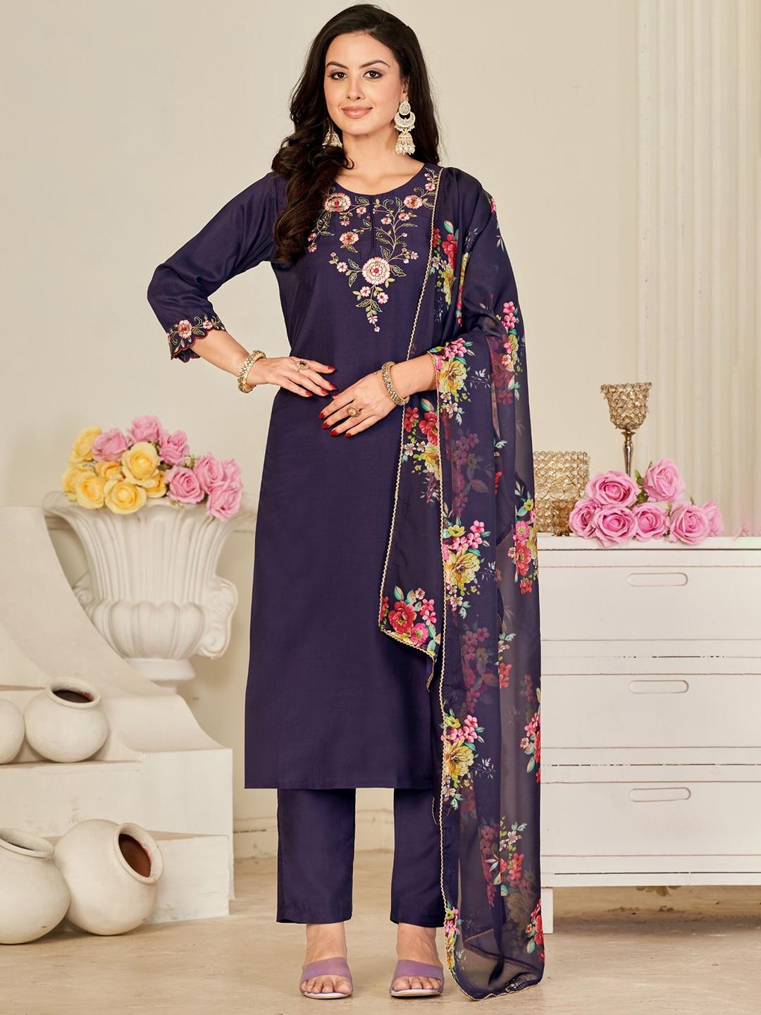 KALINI Women Violet Floral Embroidered Regular Thread Work Kurta with Trousers & With Dupatta