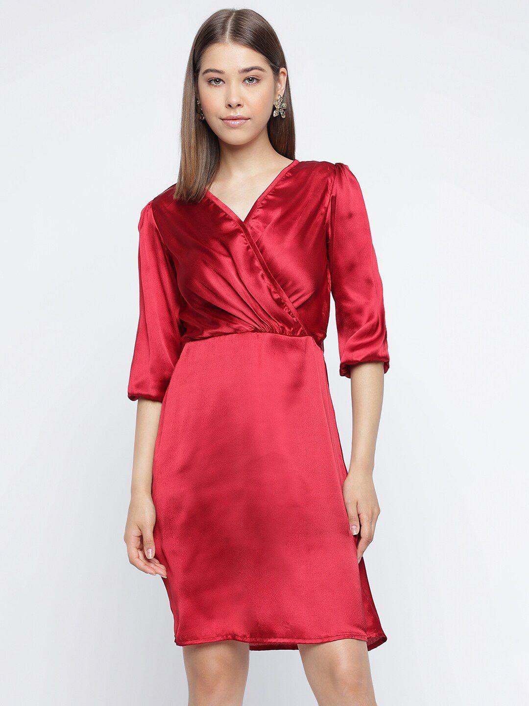 dressberry-maroon-v-neck-puff-sleeves-satin-a-line-dress