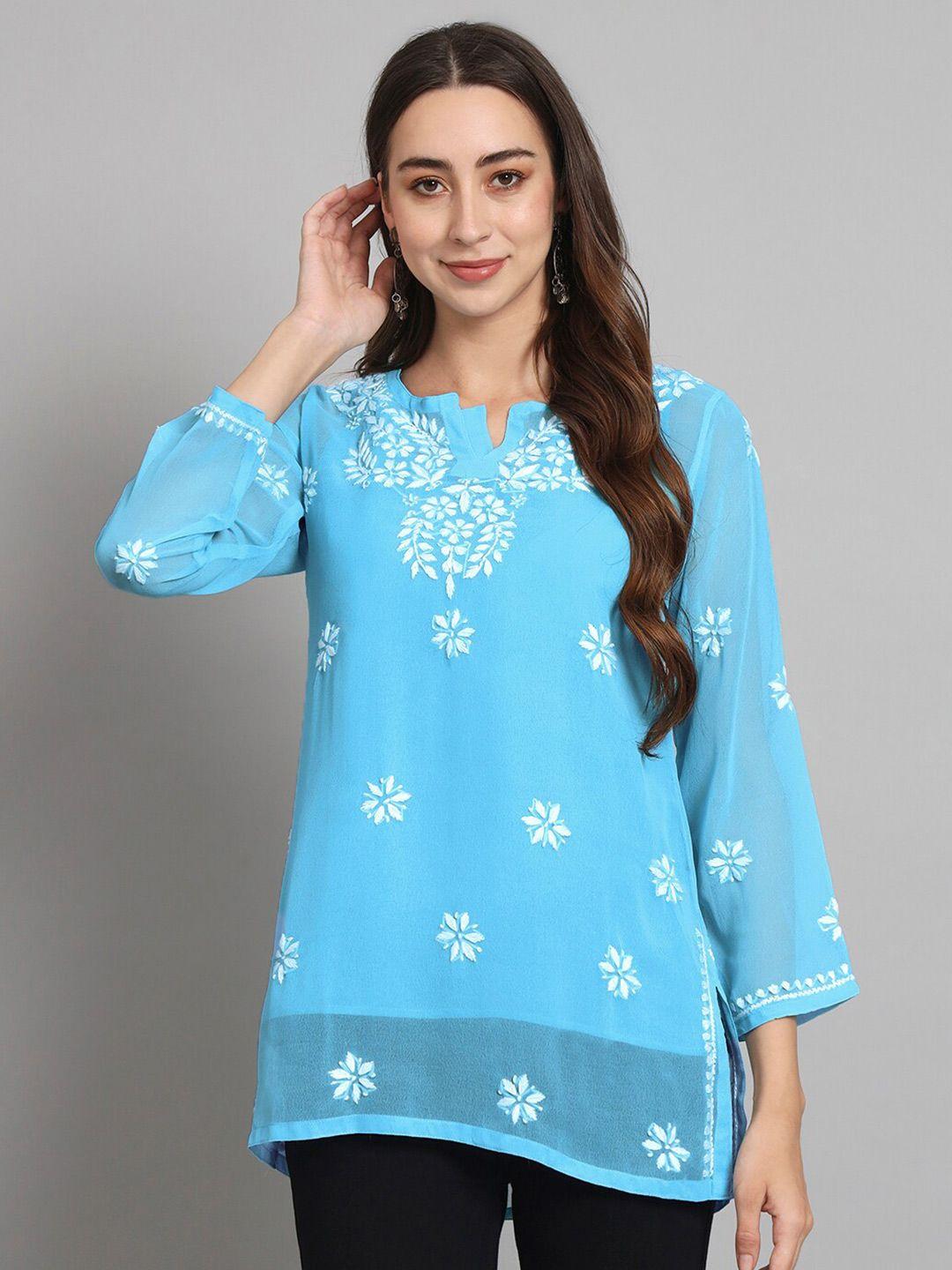 paramount-chikan-blue-&-white-ethnic-motifs-embroidered-chikankari-chikankari-kurti