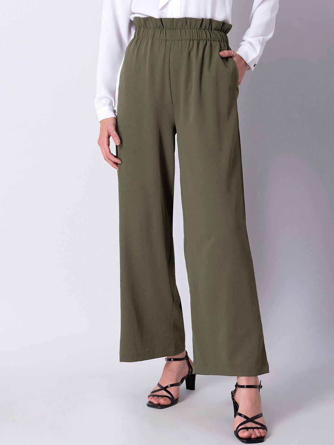 FabAlley Women Olive Green Relaxed Flared Trousers
