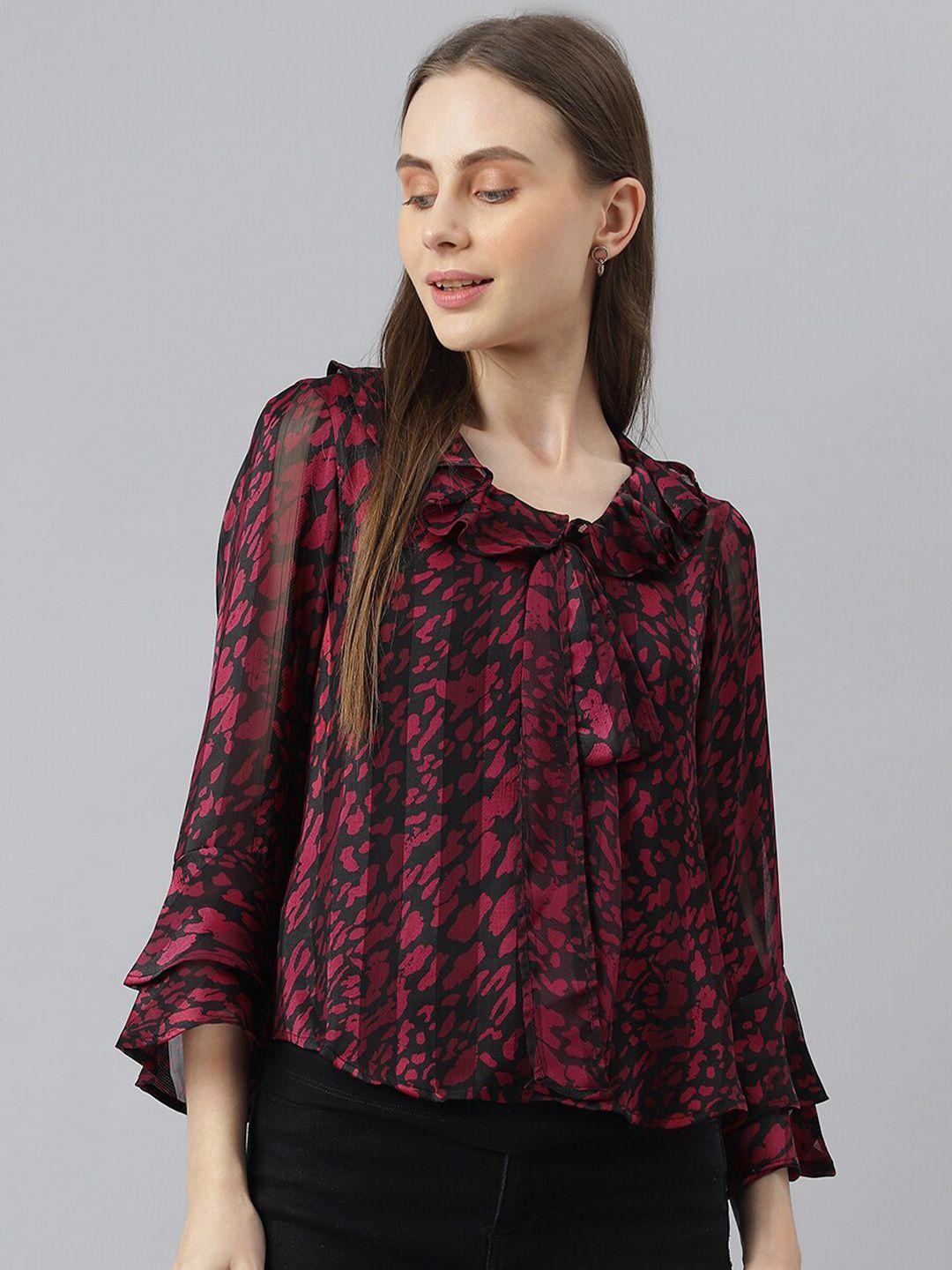 Latin Quarters Animal Printed Tie-Up Neck Flared Sleeves Gathered Top