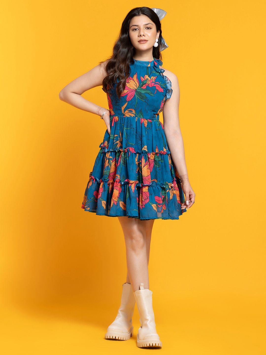 SEW YOU SOON Floral Printed High Neck Georgette Tiered Fit & Flare Dress