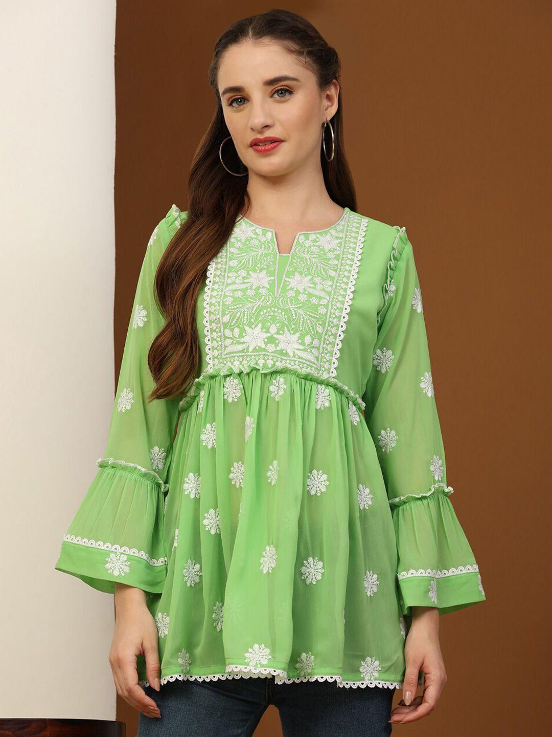 Growish Green Embroidered Georgette Top