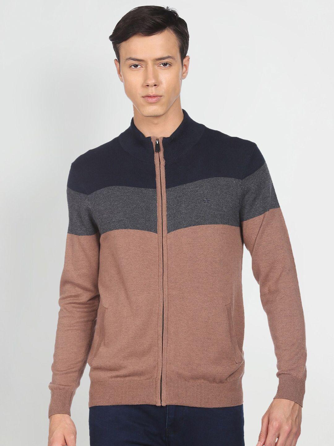 arrow-colourblocked-mock-collar-long-sleeves-cardigan-sweater
