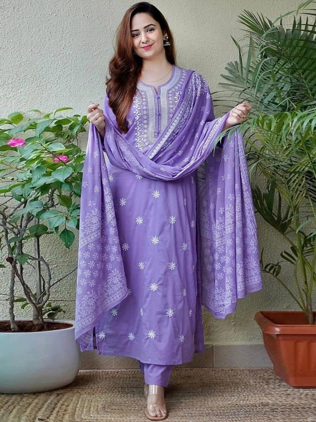 KALINI Women Lavender Floral Embroidered Regular Thread Work Pure Cotton Kurta with Trousers & With Dupatta
