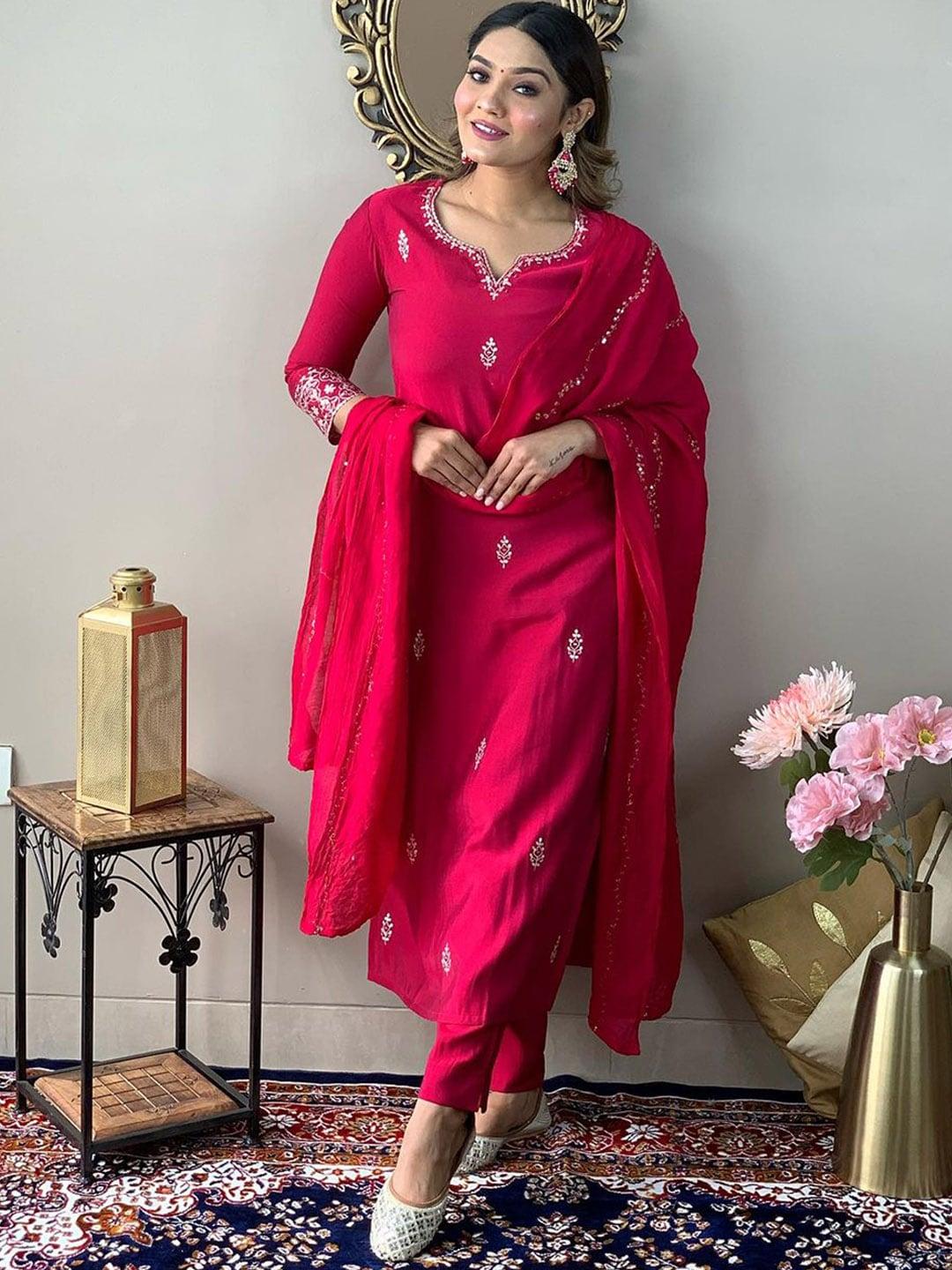 KALINI Women Pink Embroidered Chanderi Silk Kurta with Trousers & With Dupatta