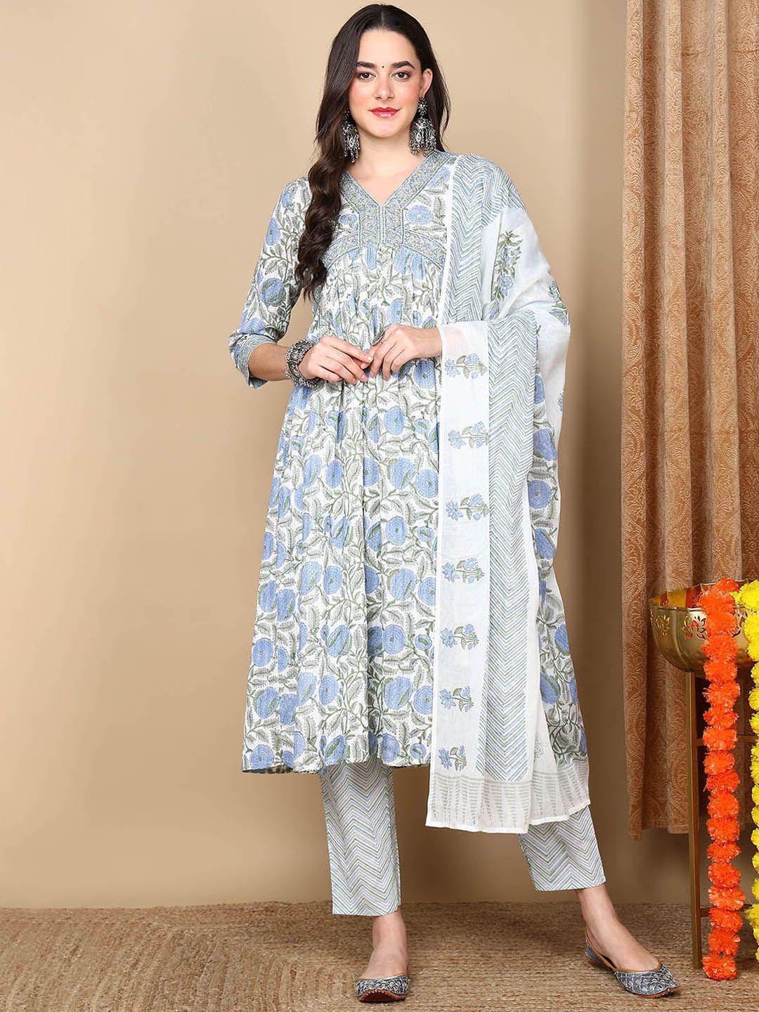 AHIKA Women White Floral Printed Empire Pure Cotton Kurta with Trousers & With Dupatta