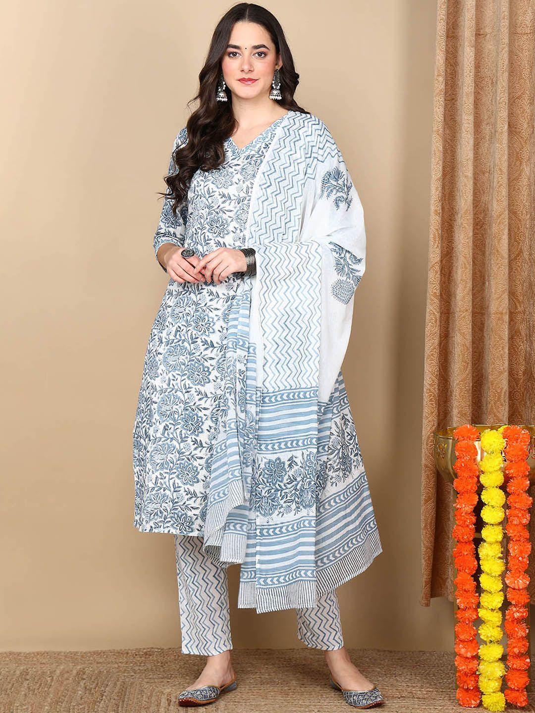 AHIKA Women White Floral Printed Empire Pure Cotton Kurta with Trousers & With Dupatta