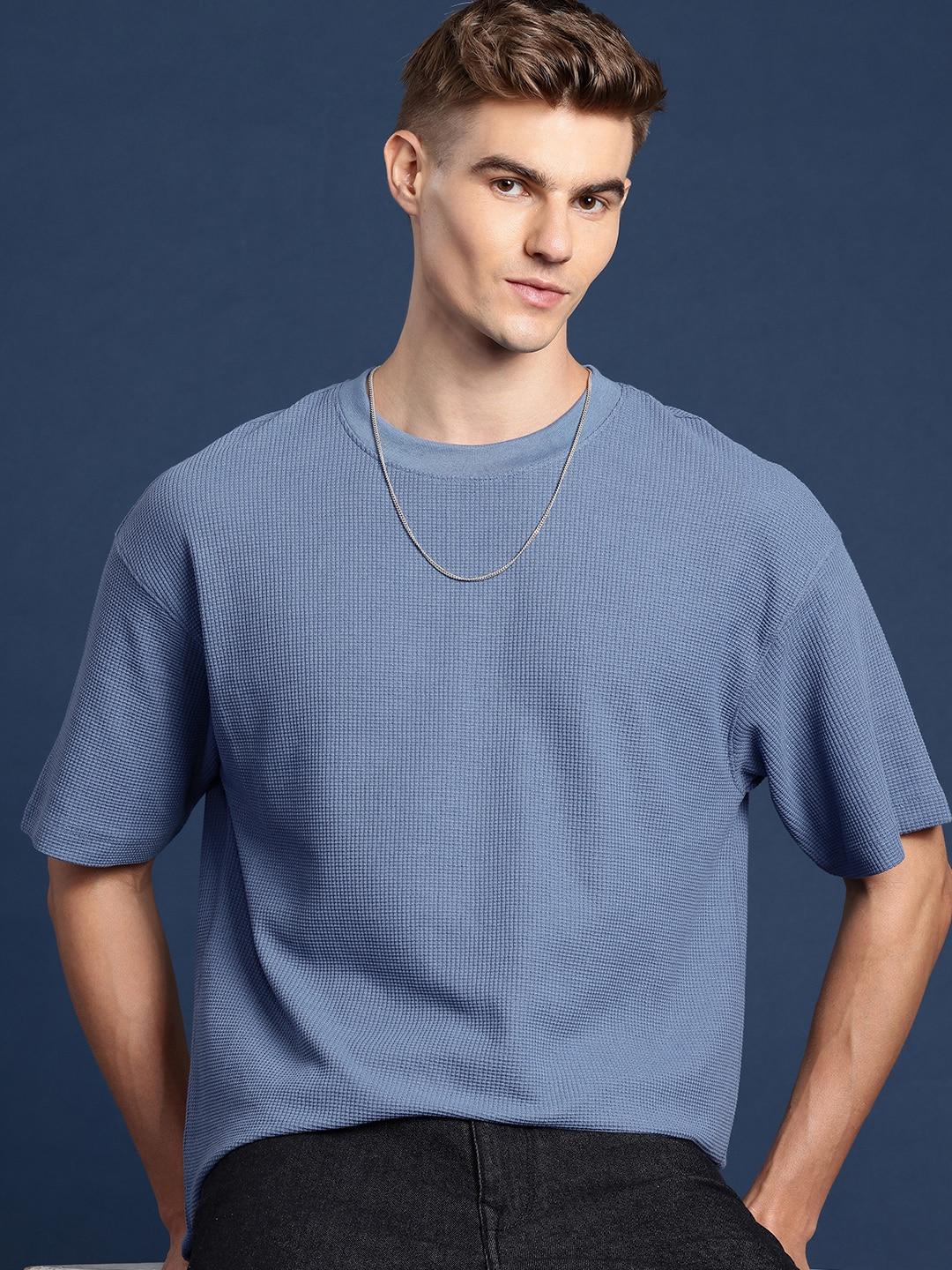 Mast & Harbour Self Design Textured Drop-Shoulder Sleeves T-shirt
