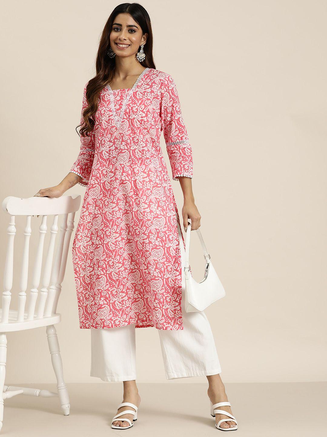 HERE&NOW Ethnic Motifs Printed Pleated Detail Lace Inserts Pure Cotton Kurta