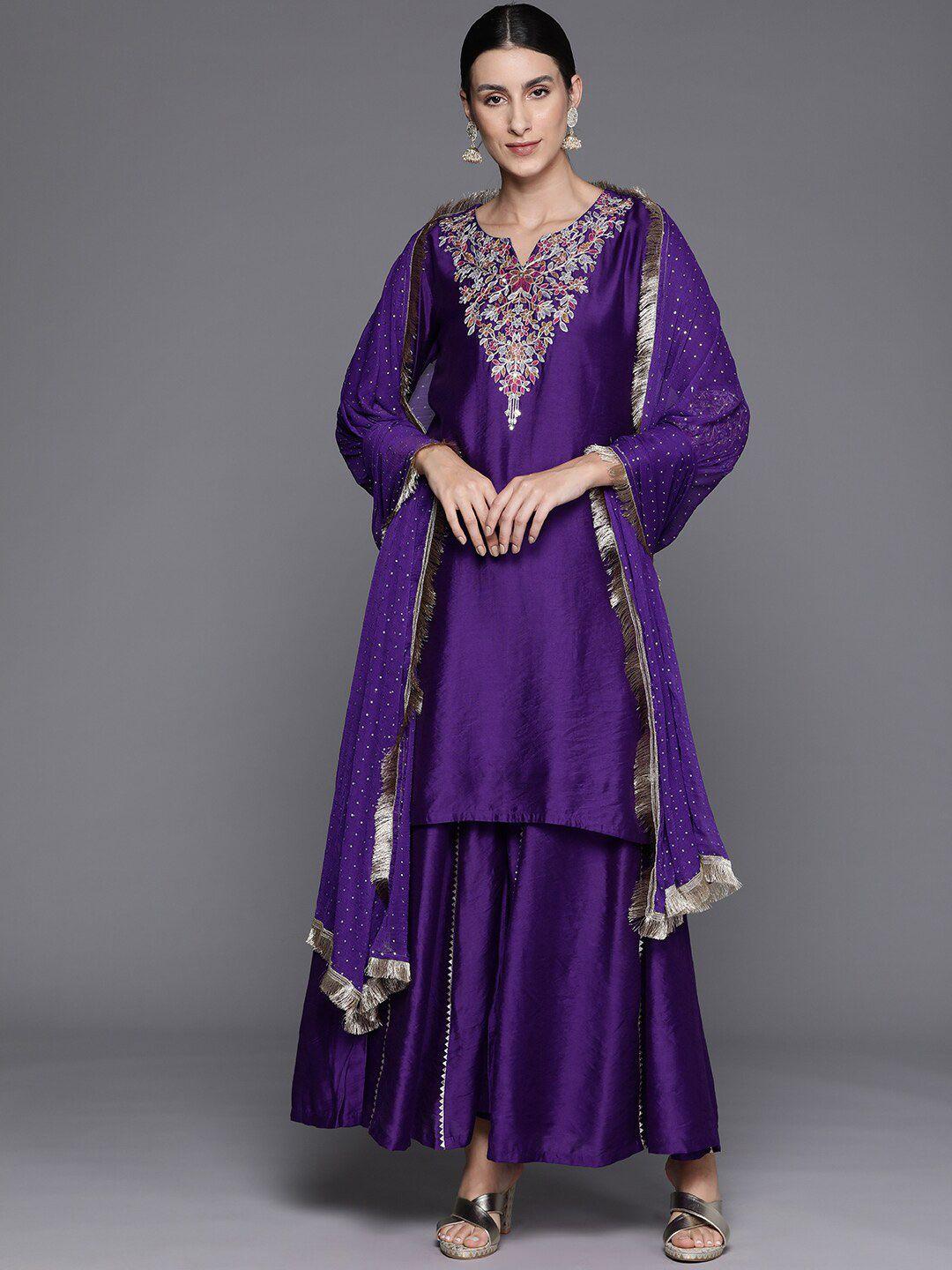 KALINI Women Violet Floral Embroidered Regular Sequinned Chanderi Silk Kurta with Palazzos & With Dupatta