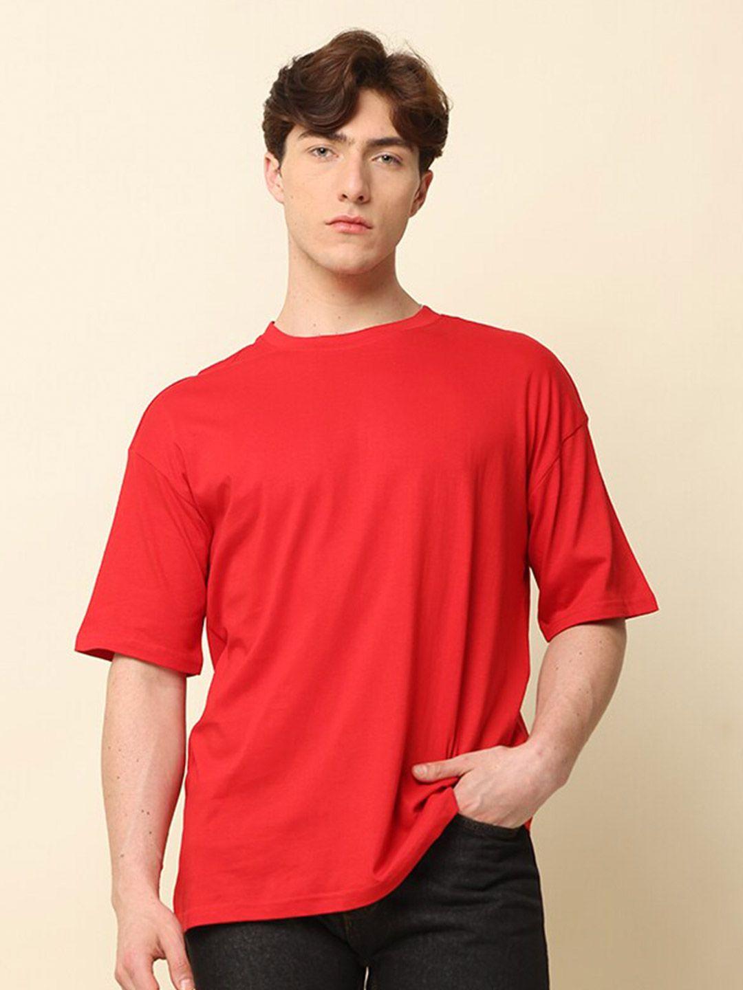 SILISOUL Red Drop-Shoulder Sleeves Bio Finish Pure Cotton Oversized T-shirt