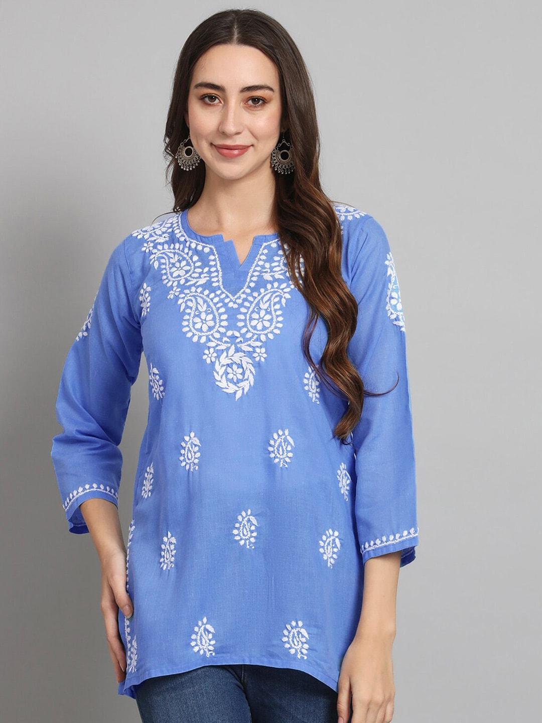 paramount-chikan-blue-&-white-ethnic-motifs-embroidered-chikankari-chikankari-kurti