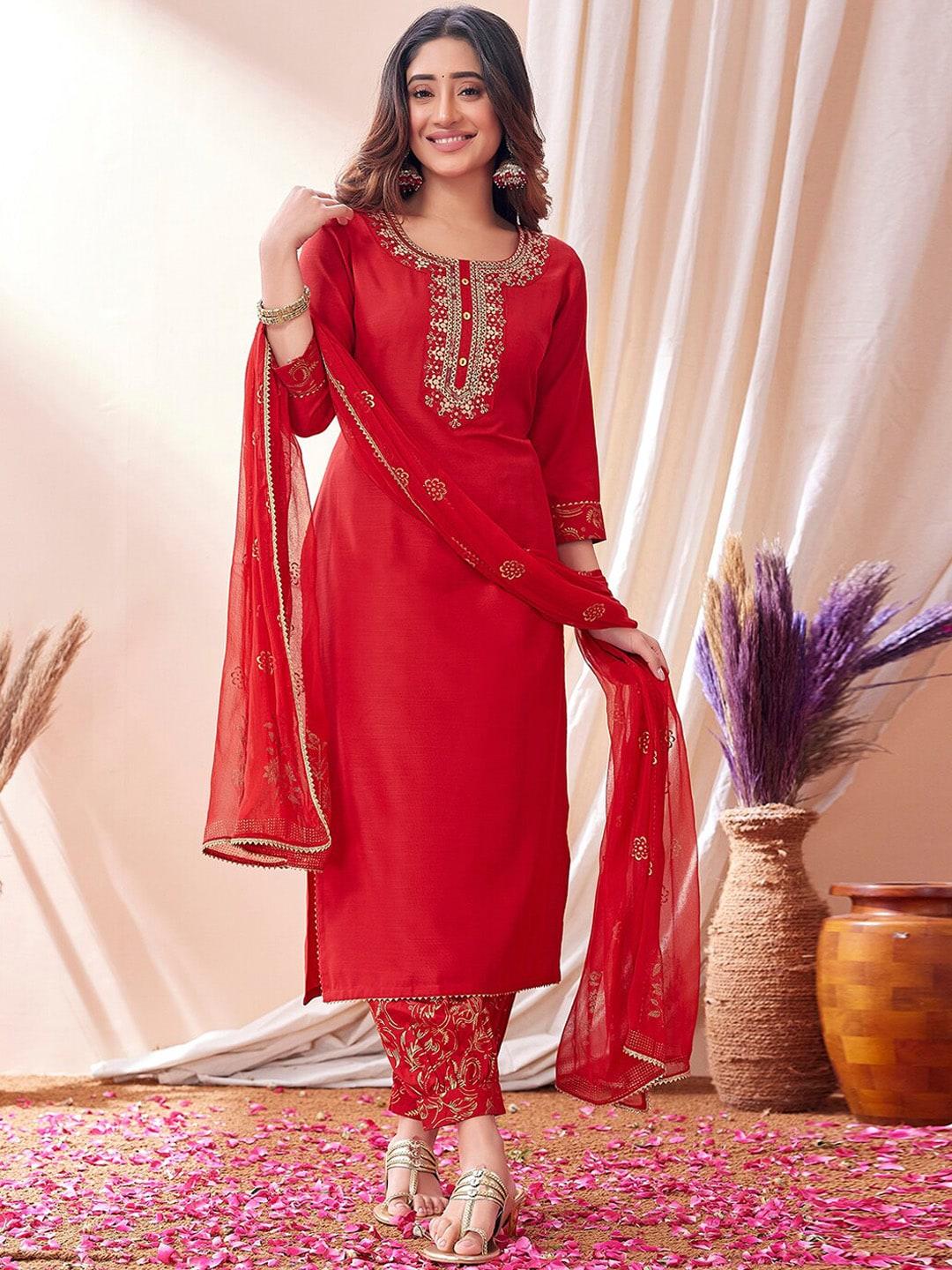 kalini-women-red-embroidered-regular-thread-work-kurta-with-trousers-&-with-dupatta