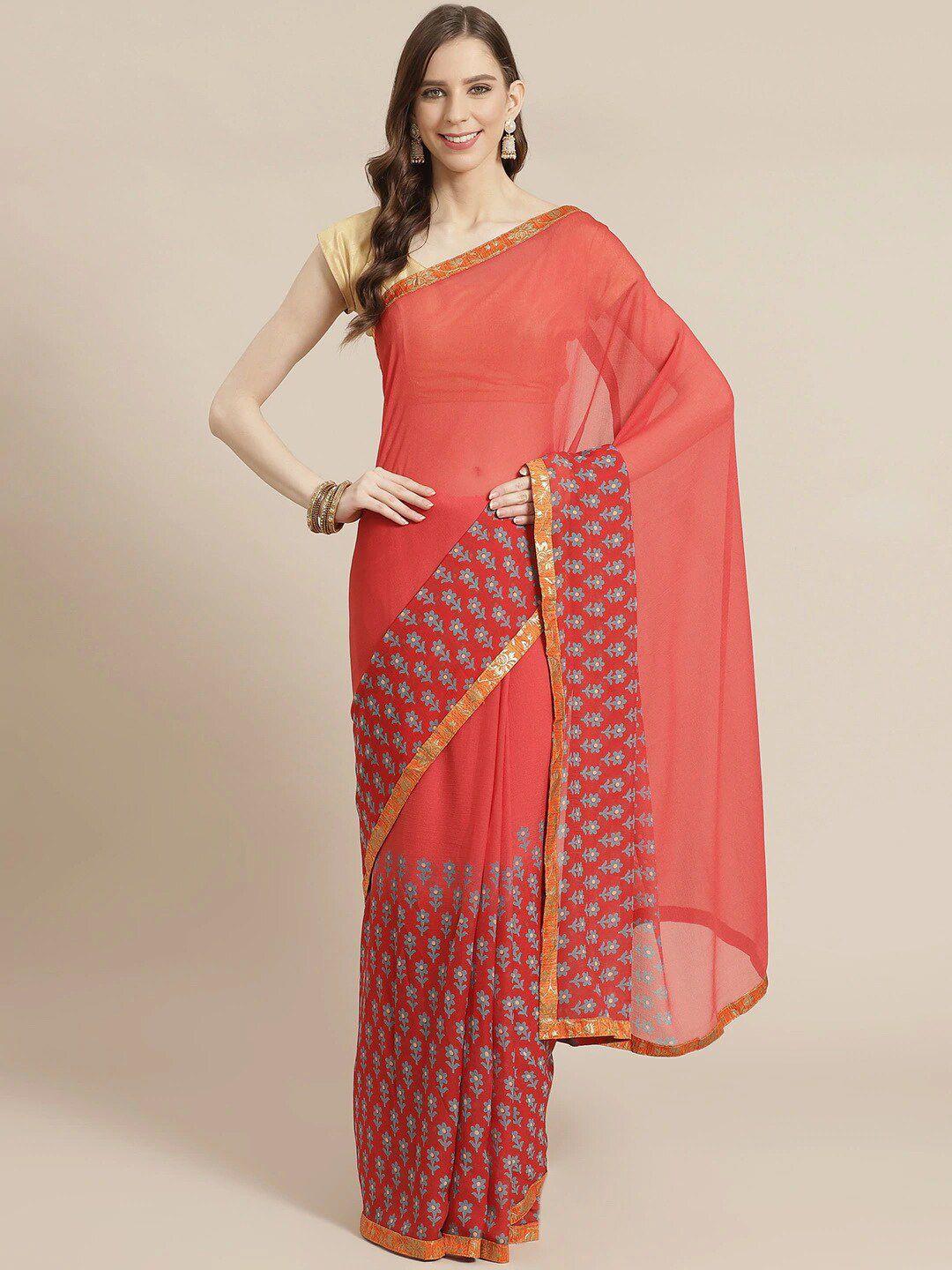 shaily-coral-&-blue-floral-poly-georgette-saree