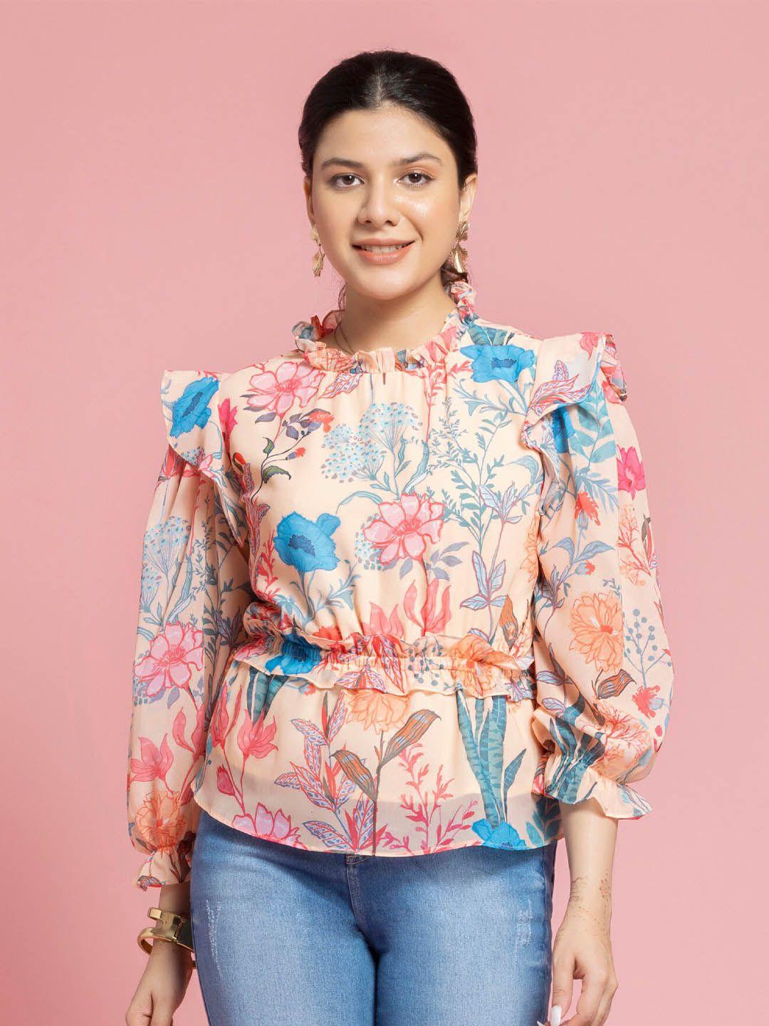 SEW YOU SOON Cream-Coloured Floral Print Flutter Sleeve Cotton Georgette Peplum Top