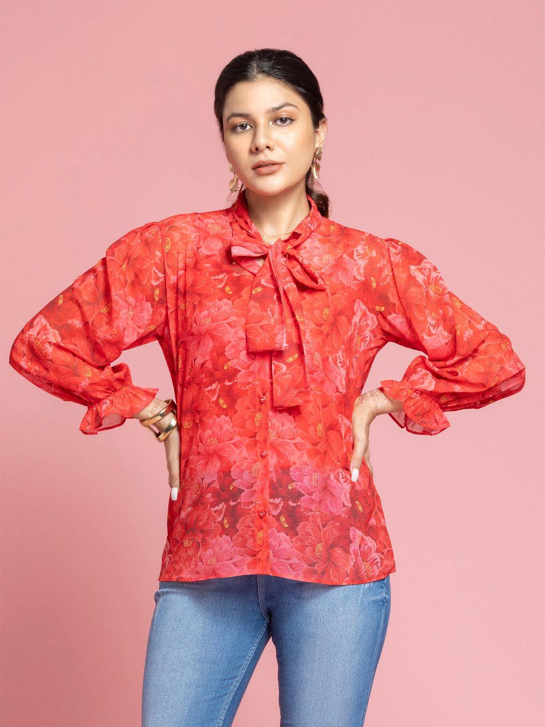 SEW YOU SOON Red Floral Print Tie-Up Neck Puff Sleeve Georgette Shirt Style Top