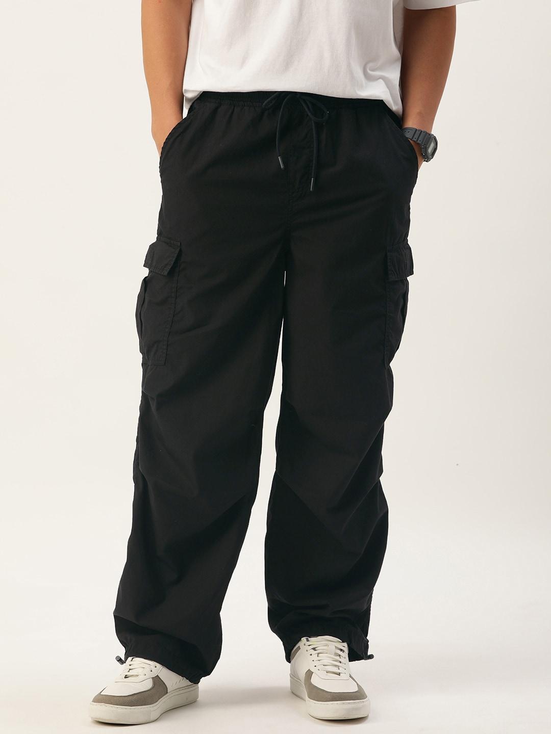 bene-kleed-unisex-black-parachute-fit-pure-cotton-cargos-trousers