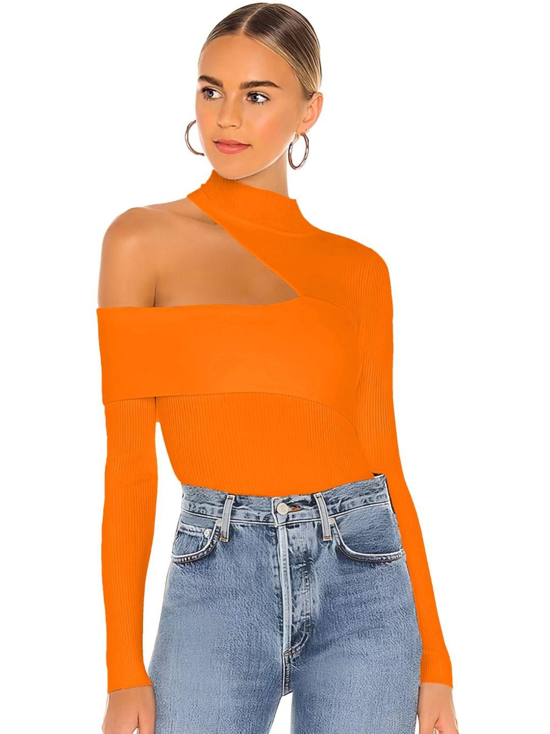 uptownie-lite-orange-high-neck-cotton-ribbed-cut-out-fitted-top